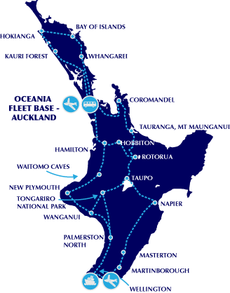 Oceania Coachlines travels to many North Island, New Zealand destinations